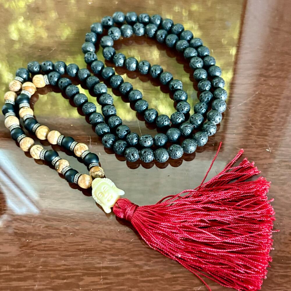 Buddha Mala Necklace Lava Stone Red Tassel with Separate Wooden Bead Necklace - Picture 11 of 15